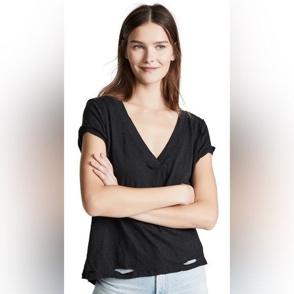 Free People We The Free Sundance Tee Top Black Slouchy V Neck Distressed Size XS - Picture 4 of 13